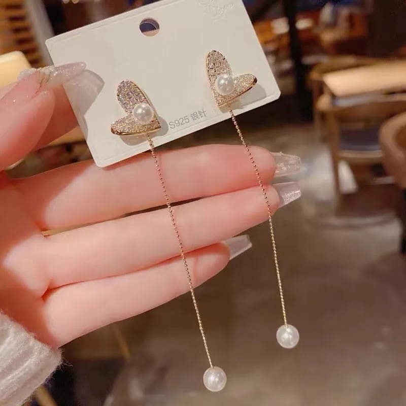 Flexible Heart Top Crystal Earrings, Hollow Heart Drop Earrings, Adjustable Pearl Tassel Ear Jewellery, Luxury Long Simulation Pearl Earrings For Women Flexible Heart Top Crystal Earrings, Hollow Heart Drop Earrings, Adjustable Pearl Tassel Ear Jewellery, Luxury Long Simulation Pearl Earrings For Women